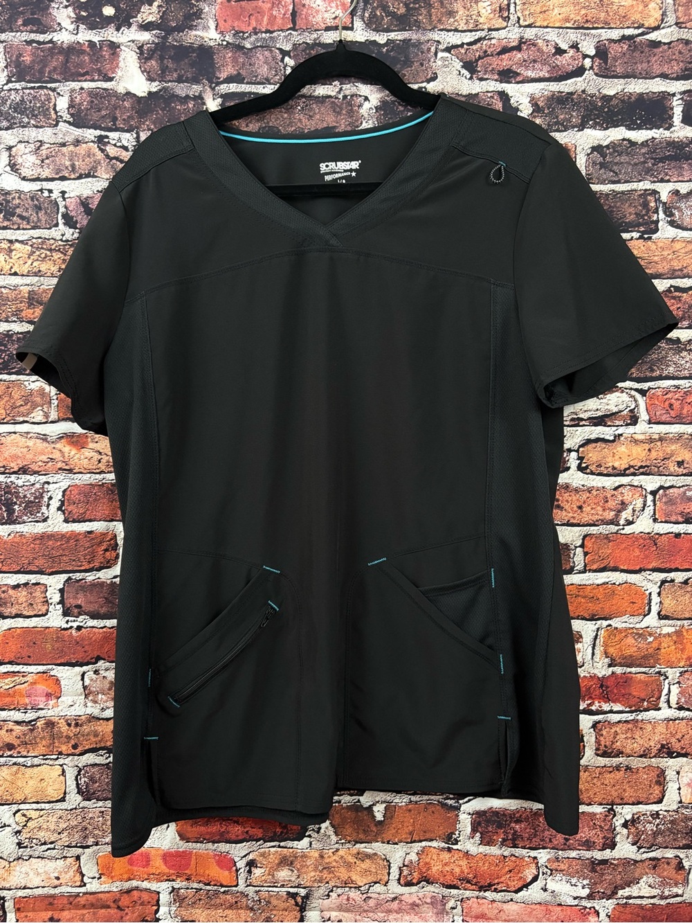 Scrubstar Black V-Neck Medical Top with Teal Trim Stitching Large